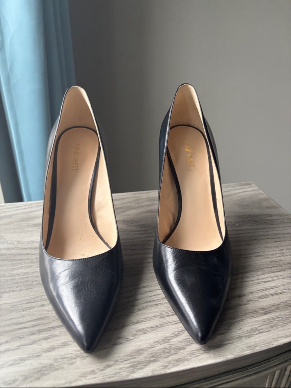 Nine West Black Leather Pointed-Toe Pumps